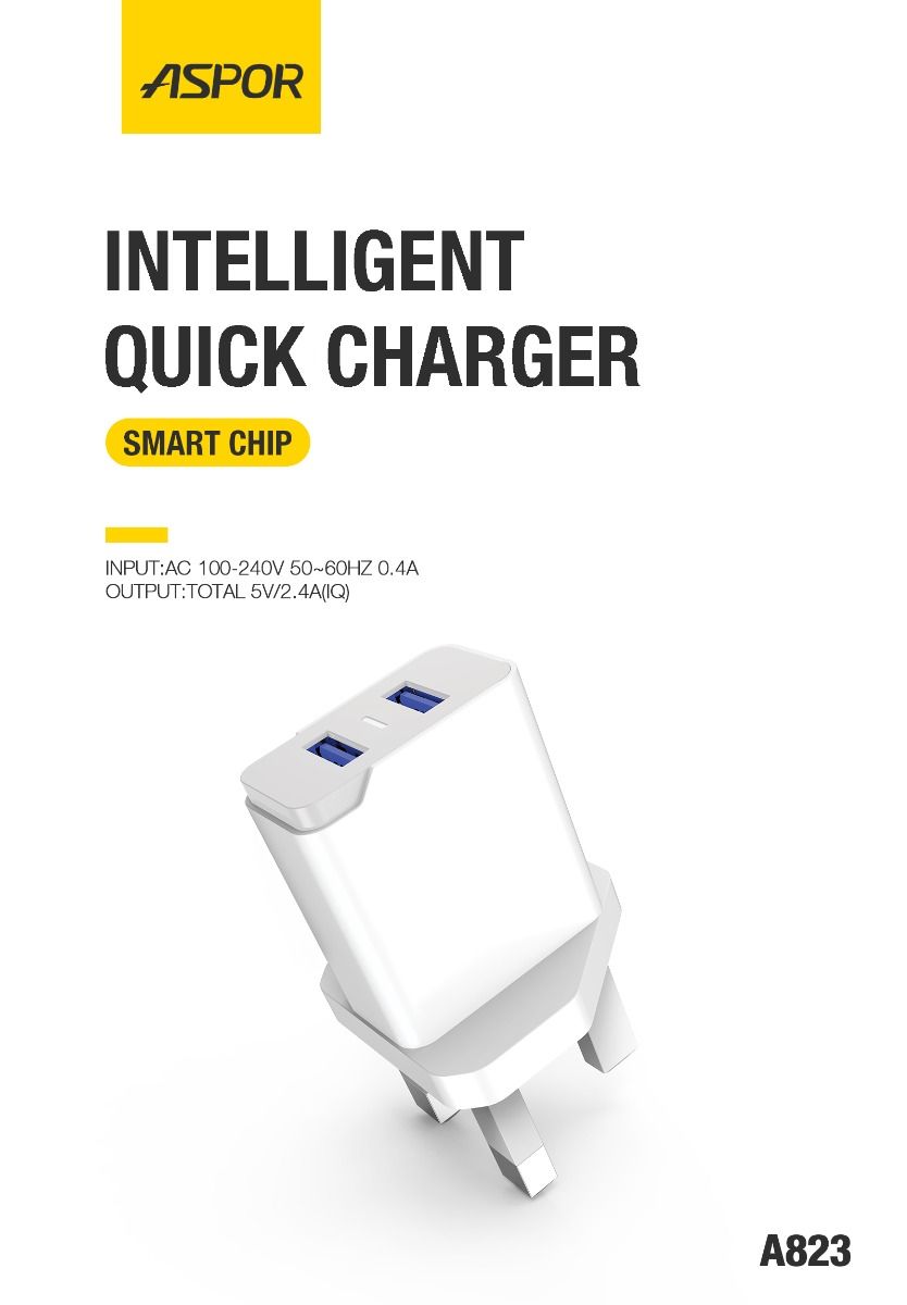 ASPOR A823 DUAL USB 2.4 A IQ Home Charger LED Blue Light 2 USB / UK Plug
