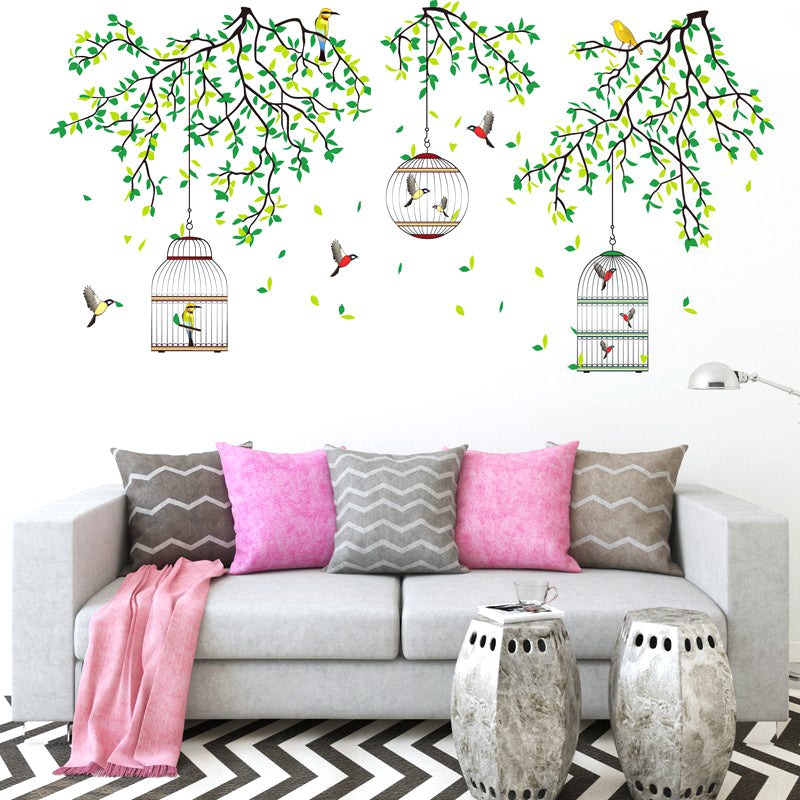 Three Cages Green Leaf with bird Flower Border Wall Decoration Sticker TV Frame Sticker Kitchen Living Room Decoration Star Room Deco wall stickers Stars Tree Wedding nursery decorative