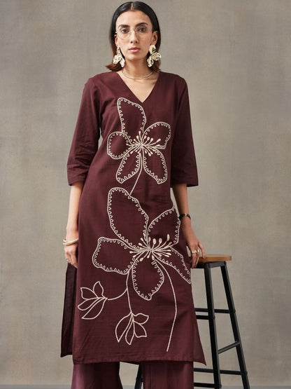 Floral Embroidered Regular Thread Work Pure Cotton Work Set Kurta with Palazzos