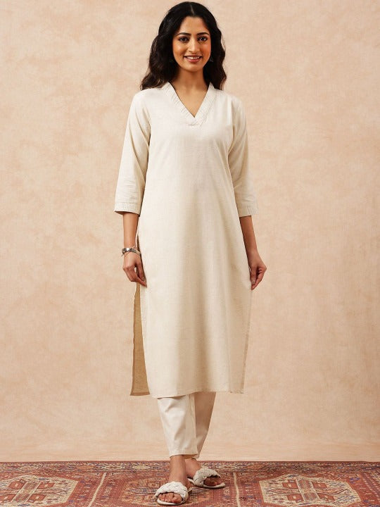 Women Regular Thread Work Pure Cotton Kurta with Trousers