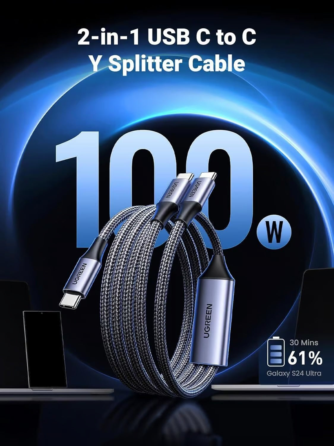 Ugreen 35087 USB-C to 2 USB-C 100W Braided Cable - 1.5M