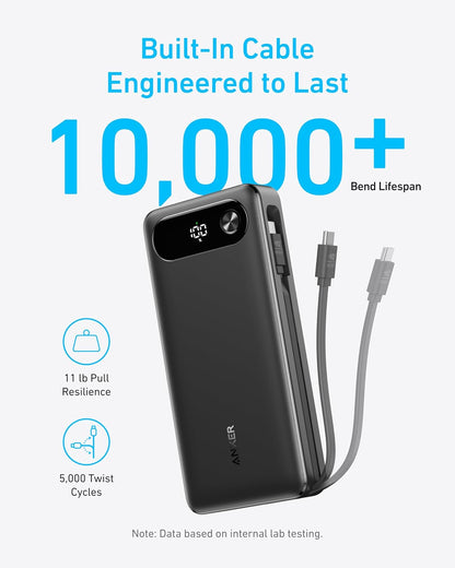 Anker Power Bank, 20,000mAh Travel Essential Portable Charger with Built-In USB-C Cable, 3-Port 87W Max Fast Charging Battery Pack, for MacBook, iPhone 16/15 Series, Samsung, Switch, and More