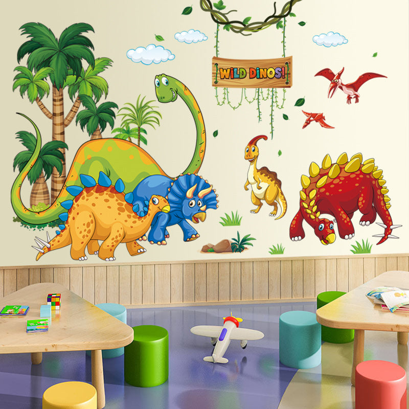 Wild Dino Kids Tree House Cartoon Animals Theme Wall Art Decal Sticker Decoration for Living Room Nursery Baby Girl Boy Kid Children's Room Bedroom Decoration