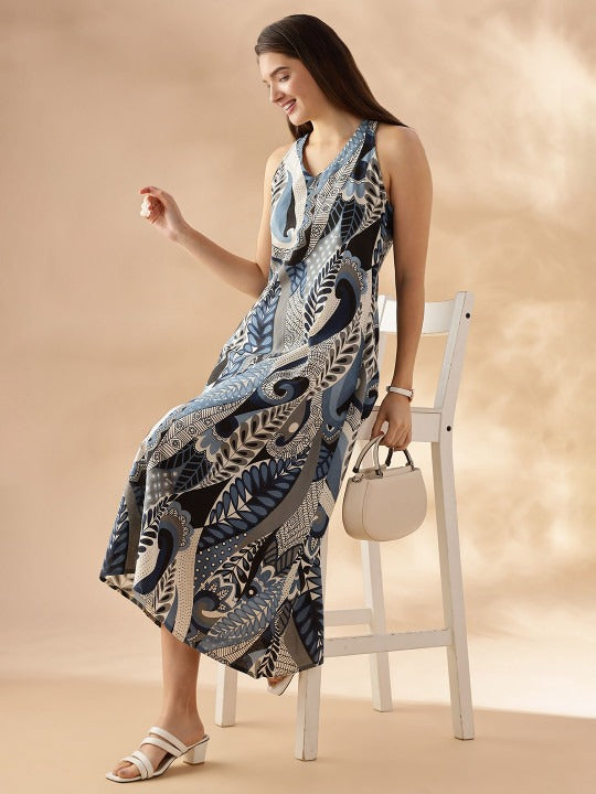 Abstract Printed a Line Sleeveless Maxi Dress