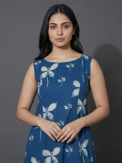 Lightweight Indigo Floral Stunning Heart-Shaped Back Cut-Out Dress