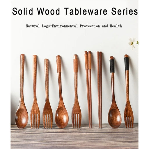 Japanese-Style Wooden Spoon, Fork & Chopsticks 3-Piece Set – Long Handle Solid Wood Portable Cutlery