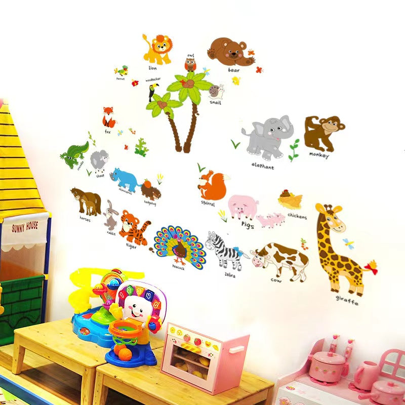 Animal with Names Tree Cartoon Animals Theme Kids Wall Art Decal Sticker Decoration for Living Room Nursery Baby Girl Boy Kid Children's Room Bedroom Decoration