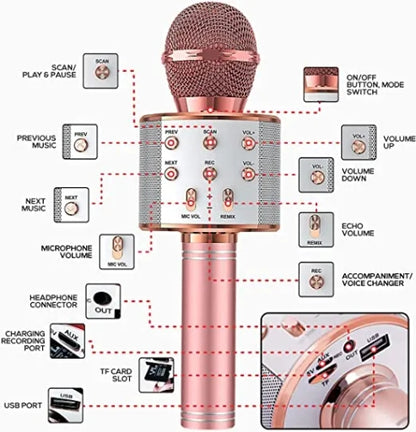 Wireless Bluetooth Karaoke Microphone with Speaker, Voice Changer & Recorder for IOS/Android