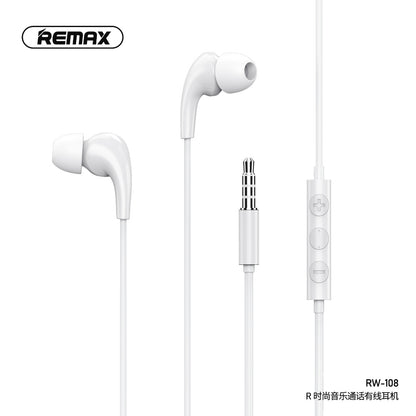 Remax RW-108 High Quality In-Ear Wired Music Earphone Stereo for Mobile Earphone