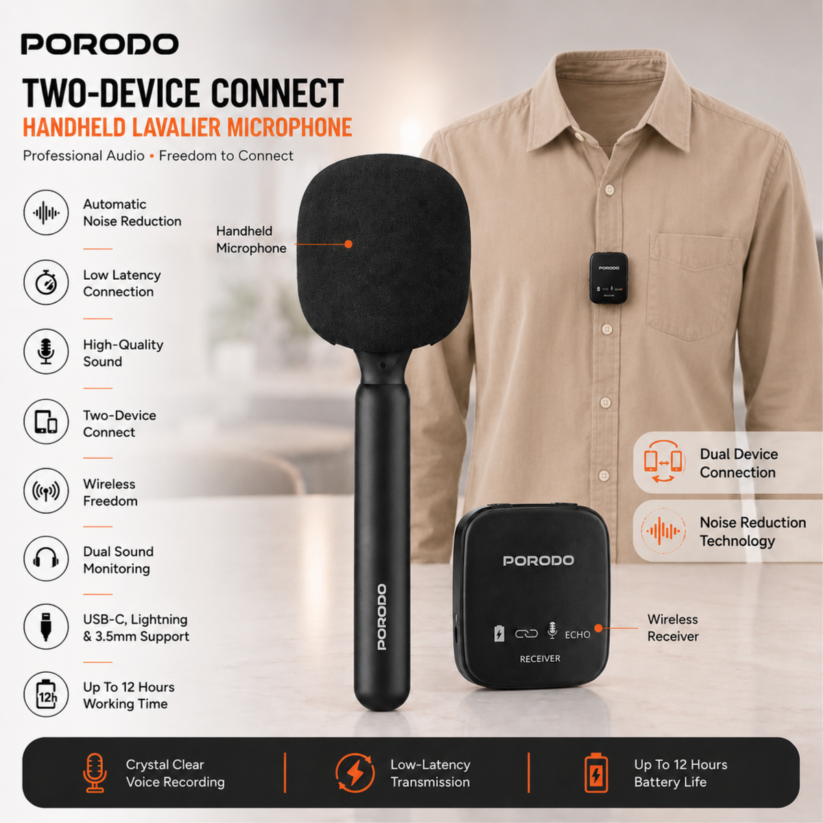Porodo Two-Device Connect Handheld Lavalier Microphone - Black