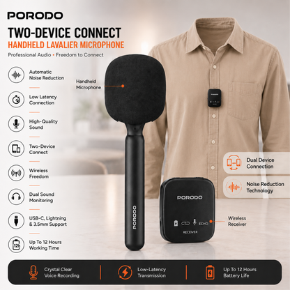 Porodo Two-Device Connect Handheld Lavalier Microphone - Black