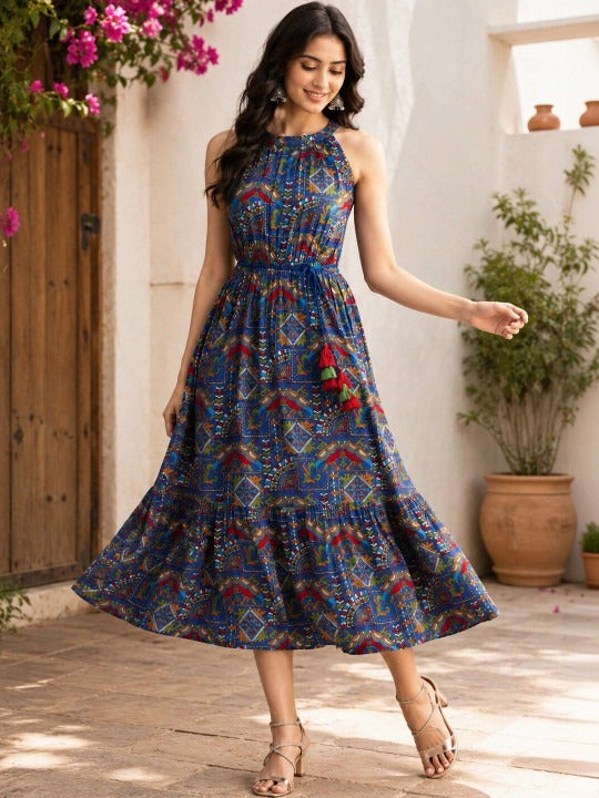 Ethnic Motifs Print Halter Neck a-Line Midi Dress