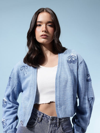 Crop Front Open Conversational Print Sweater with Embroidered Detail