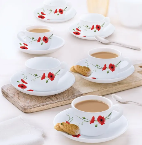 Indian Red Lily Tea Cup & Saucers 140 ML Set Of 6