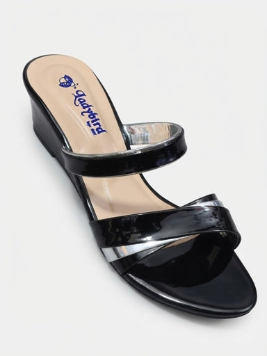 Ladies Elegant Box Heel Double Strap Sandal – Black & Silver
