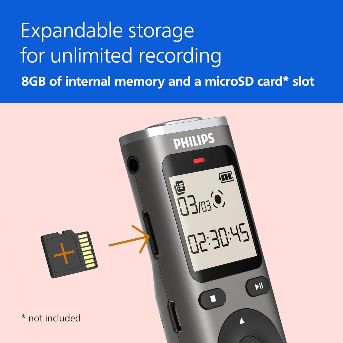 Philips DVT1170 VoiceTracer, Audio Recorder, 8GB, Micro SD Card Slot, 360° Microphone for Excellent Sound Voice Recorder