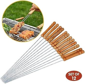 Barbecue Sticks Skewers with Wooden Handle Very Thick and Strong Rods Stainless Steelfor BBQ Tandoor