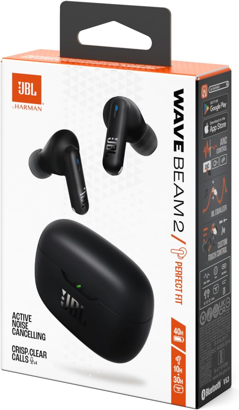 JBL Wave Beam 2 Adaptive Noise Cancelling with Smart Ambient True Wireless Earbuds, Deep Bass, Comfort Fit, 40H Battery, Hand