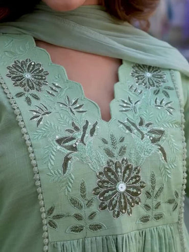 Floral Yoke Design V-Neck Empire Aari Work Pure Cotton Kurta with Pyjamas & Dupatta