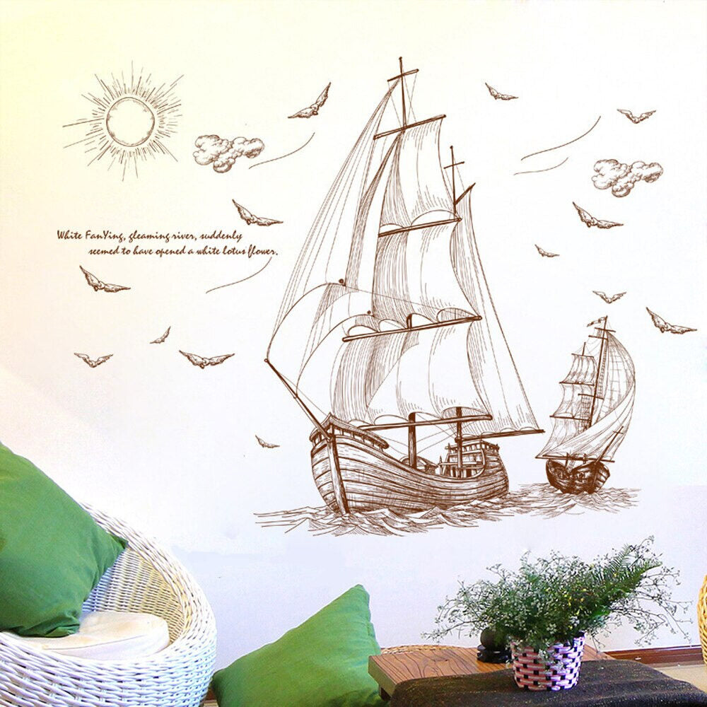 Buy More Brown Ships sailing in deep sea classic wall decoration Sticker room wallpaper bedroom nursery window decor wall stickers wedding decoration birthday decoration kids room decoration Wall Stickers