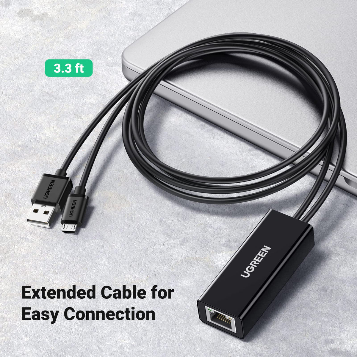UG Micro USB Ethernet Adapter, Ethernet Adapter with 3.3 ft Cable & Power Cord, Compatible with Fire TV Stick Basic/4k/4k Max