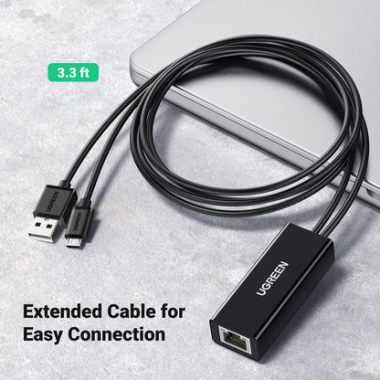 UG Micro USB Ethernet Adapter, Ethernet Adapter with 3.3 ft Cable & Power Cord, Compatible with Fire TV Stick Basic/4k/4k Max