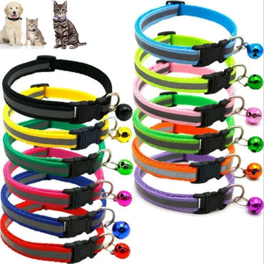 Reflective Pet Bell Collar for Dogs Cats Adjustable Durable Poly Strap 12 Colors with Bell