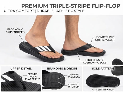 Premium Triple-Stripe Athletic Flip-Flops
