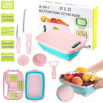 9 In 1 Multifunctional Fruit & Vegetable Slicer Kit , Includes Foldable Cutting Board, Drain Basket