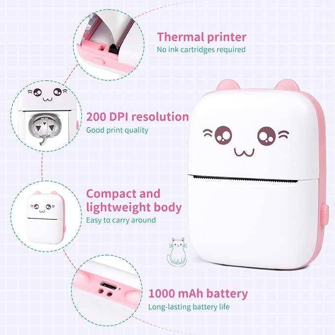 Portable Thermal Printer MINI Wirelessly Photo Label Memo Wrong Question Printing with USB Cable