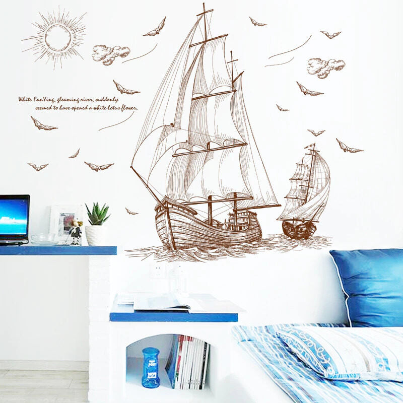 Buy More Brown Ships sailing in deep sea classic wall decoration Sticker room wallpaper bedroom nursery window decor wall stickers wedding decoration birthday decoration kids room decoration Wall Stickers