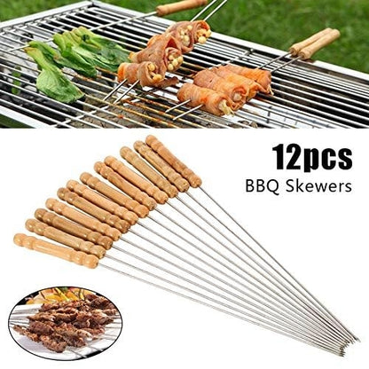 Barbecue Sticks Skewers with Wooden Handle Very Thick and Strong Rods Stainless Steelfor BBQ Tandoor
