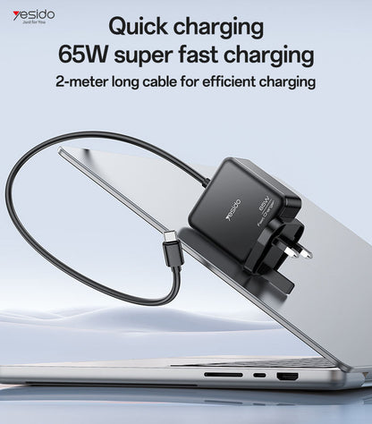 Yesido YC93 2M Length Cable Type-C Output 65W Fast Charger UK Standard Laptop Adapter Charger