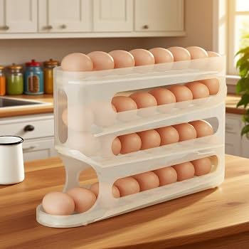 4-Tier Automatic Rolling Egg Dispenser | 30-Egg Refrigerator Storage Rack Tray
