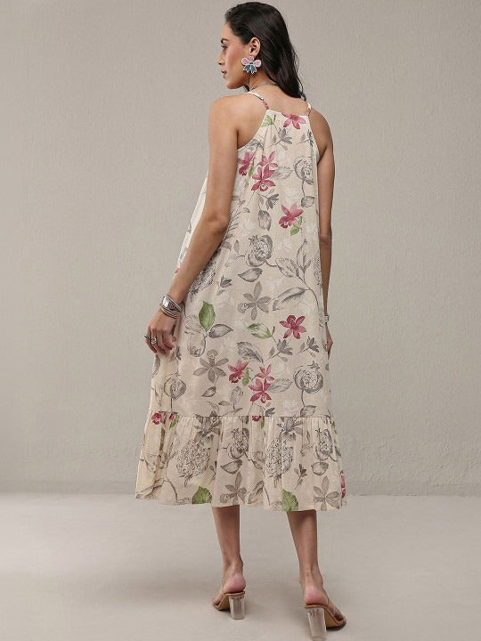 Cream-Coloured Floral Print a-Line Dresses