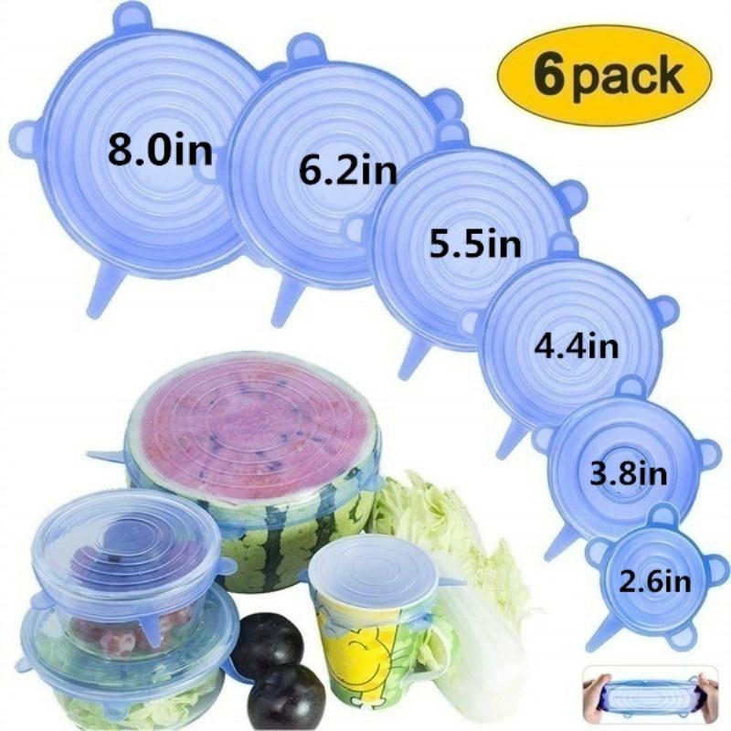 6 Pcs Silicone Lids, Reusable, Super Stretch Silicone Lids, Best Durable Kitchen Baking Tool And Coolest Cooking Gadget