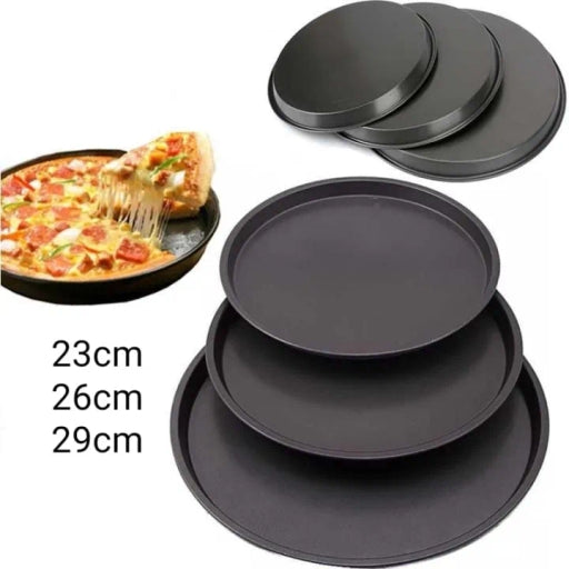 Carbon Steel Non Stick Pizza Pan Tray for Baking in Microwave Oven Set of 3 Black (23/26/29 Cm)