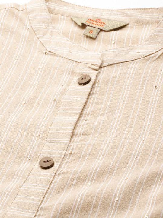 Women Beige Cotton Striped Kurta with Palazzos