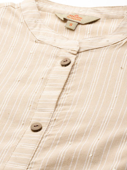 Women Beige Cotton Striped Kurta with Palazzos