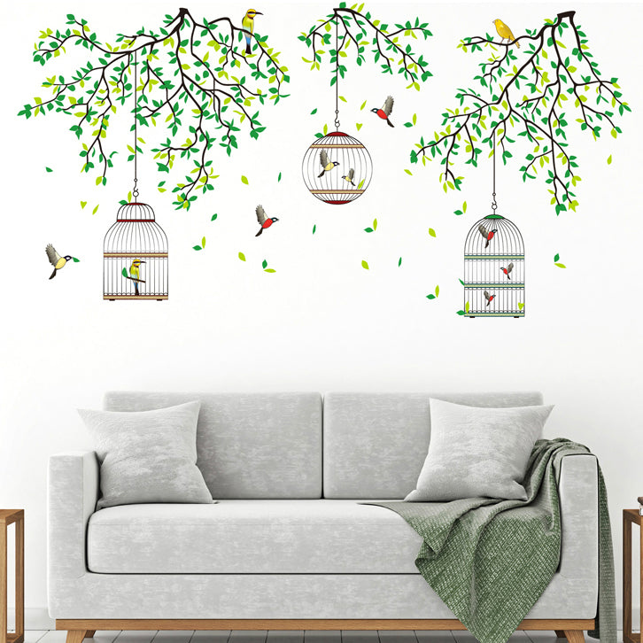 Three Cages Green Leaf with bird Flower Border Wall Decoration Sticker TV Frame Sticker Kitchen Living Room Decoration Star Room Deco wall stickers Stars Tree Wedding nursery decorative