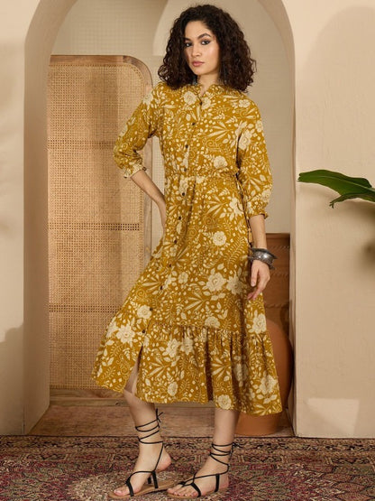 Women Floral Printed Puff Sleeve a-Line Midi Dress
