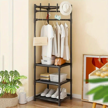 Multi-Function Corner Coat Rack, Floor Stationary Clothes Hanger Shelves
