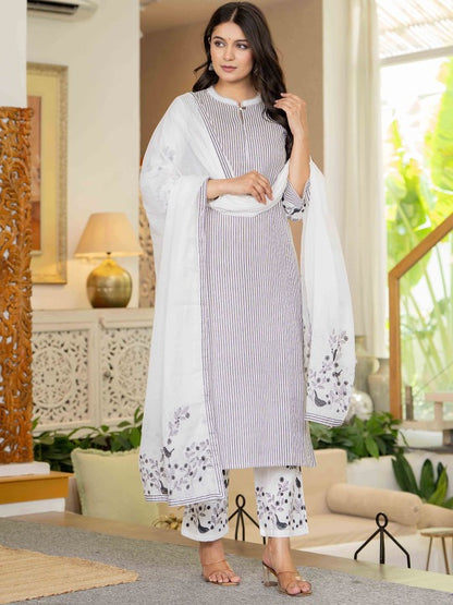 Women Striped Regular Pure Cotton Kurta with Trousers & Dupatta