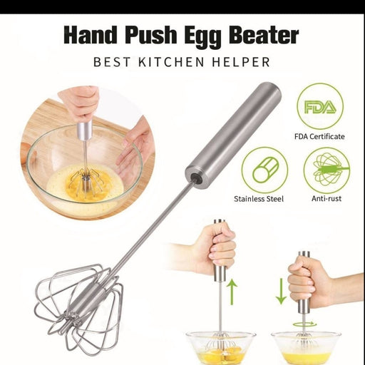10 Inch Hand Push Whisk,Semi-Auto Egg Whisk Hand Push Press Whisk Rotating Push Mixer Milk Frother