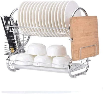 Space-Saving 2-Tier S Shaped Dish Drying Rack Kitchen Organizer with Stainless Steel Build