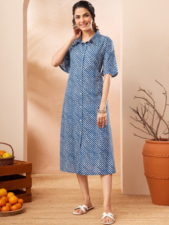 Blue Pure Cotton Striped Printed a-Line Dress