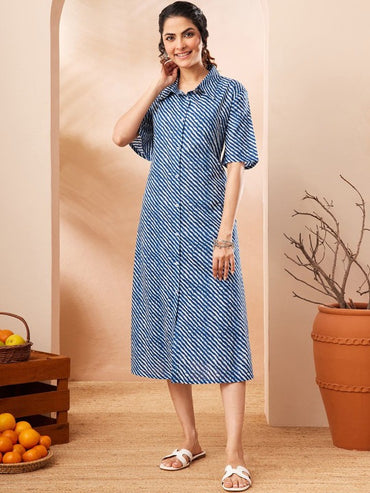 Blue Pure Cotton Striped Printed a-Line Dress