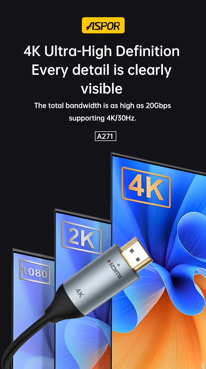 Aspor A271 USB-C To HDMI Digital HDMI Cable For Devices With USB-C To HDMI Ports - 2M