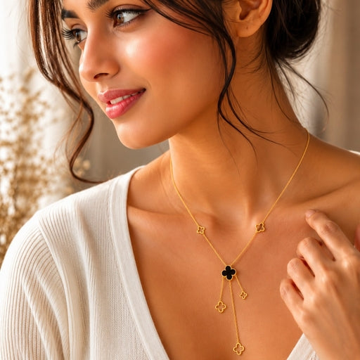 Elegant Black Onyx Clover Lucky Charm Golden Long Drop Necklace