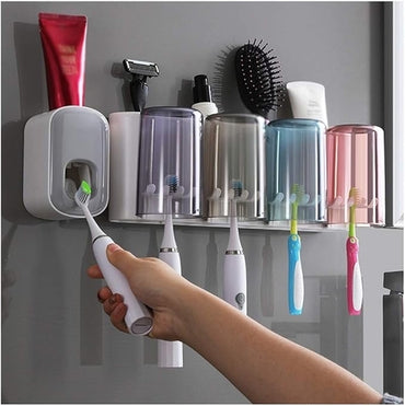 Space-Saving Toothpaste Squeezer and Automatic Dispenser with Multi-Functional Toothbrush Holder